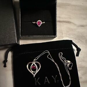 Kay Jewelers Silver and Pink Heart Ring and Necklace Set